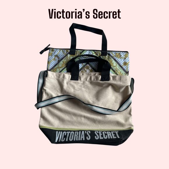 Victoria’s Secret Canvas Cooler Tote Bag Set – Two-Piece Travel & Beach Duo - Picture 1 of 5